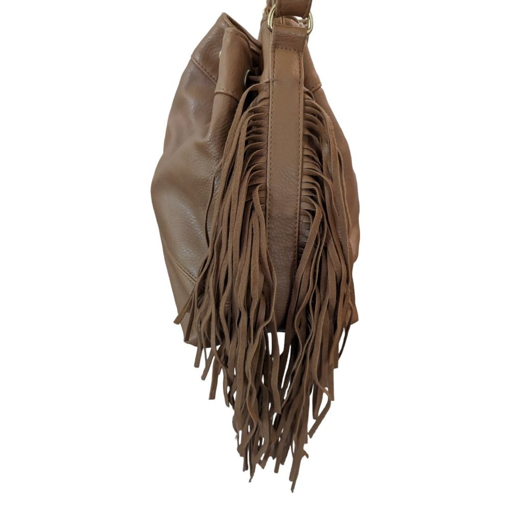 Aeropostale Cognac Brown Faux Leather Bucket Crossbody Fringed Bag - Picture 5 of 12